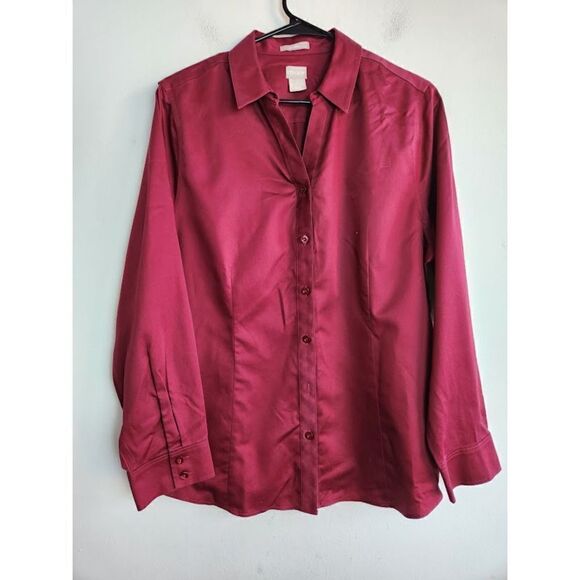 Chico's Women Maroon Red "No Iron" 100% Cotton Button Up Blouse size 2 or 12/14, - Picture 1 of 7